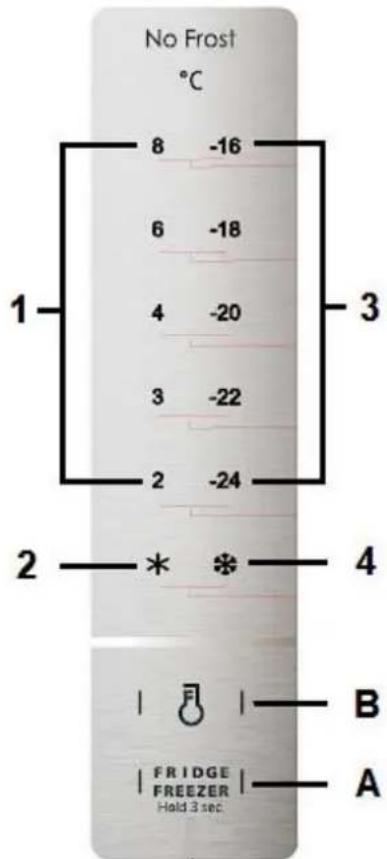 No Frost °C 8 -16 6 -18 4 -20 3 -22 2 -24 1 3 2 * * 4 B A FRIDGE FREEZER Hold 3 sec.