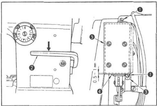 Technical diagram showing mechanical component assembly with numbered parts and directional arrow indicating motion