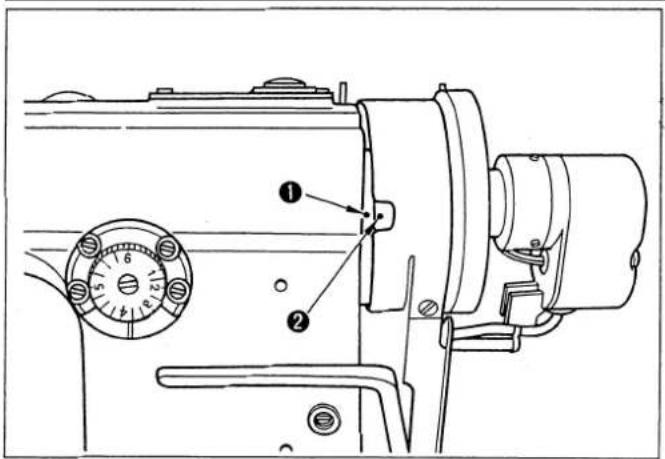 Technical diagram of a sewing machine with labeled parts and a dial indicator showing measurement ranges