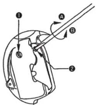 Diagram of a mechanical device with labeled parts and directional arrows indicating motion or force