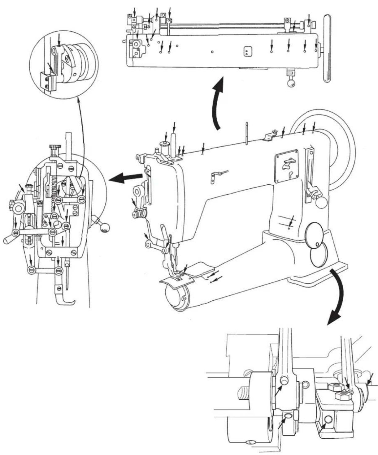 Technical line drawing of a sewing machine with labeled components and directional arrows indicating motion or assembly.
