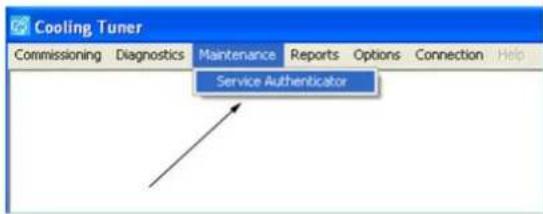Cooling Tuner Commissioning Diagnostics Maintenance Reports Options Connection Help Service Authenticator