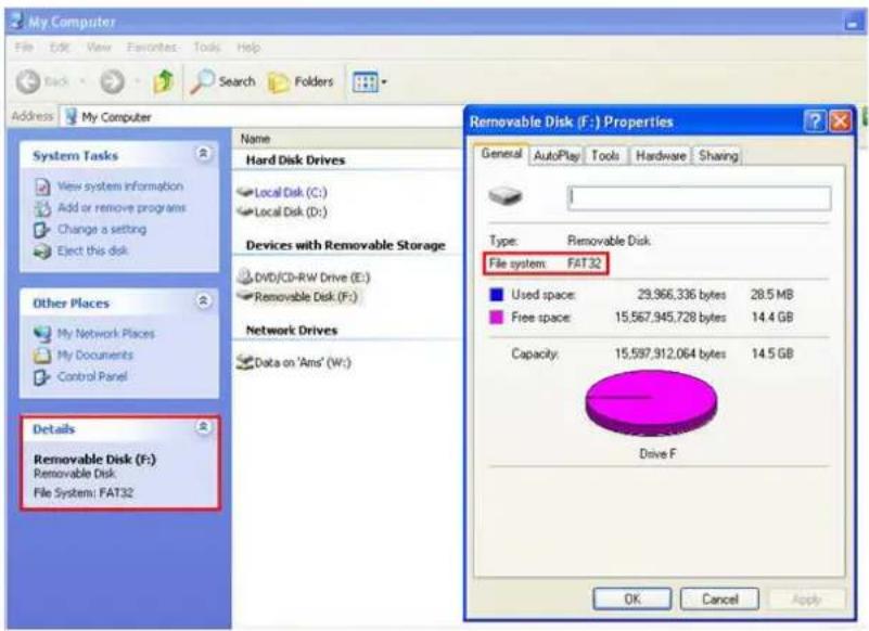 My Computer File Edit View Favorites Tools Help Back Search Folders Address My Computer System Tasks View system information Add or remove programs Change a setting Elect this disk Other Places My Network Places My Documents Control Panel Details Removable Disk (F:) Removable Disk File System: FAT32 Name Hard Disk Drives Local Disk (C:) Local Disk (D:) Devices with Removable Storage DVD/CD-RW Drive (E:) Removable Disk (F:) Network Drives Data on 'Ams' (W:) Removable Disk (F:) General AutoPlay Tools Hardware Sharing Type: Removable Disk File system: FAT32 Used space: 29,966,336 bytes 28.5 MB Free space: 15,567,945,728 bytes 14.4 GB Capacity: 15,597,912,064 bytes 14.5 GB Drive F OK Cancel Apply