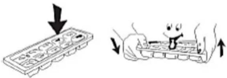 Illustration showing a hand holding a small object with arrows indicating downward and upward motion, alongside a device with control buttons.