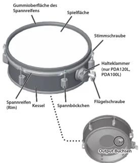 Gummioberfläche des Spannreifens Spielfläche Stimmschraube Halteklammer (nur PDA120L, PDA100L) Spannreifen (Rim) Kessel Spannböckchen Flügelschraube Output-Buchsen