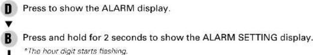 Press to show the ALARM display. Press and hold for 2 seconds to show the ALARM SETTING display. *The hour digit starts flashing.