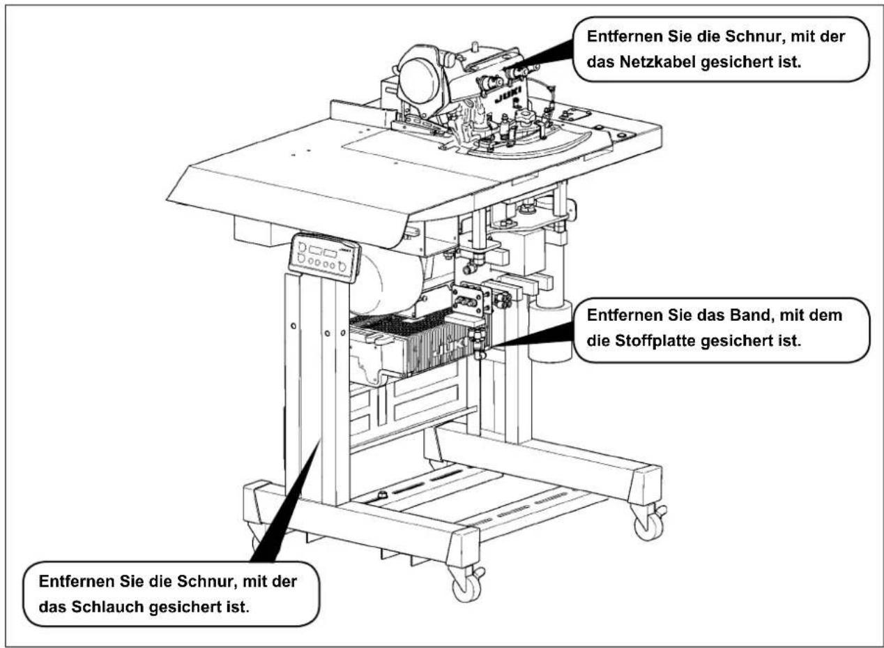 Entfernen Sie die Schnur, mit der das Netzkabel gesichert ist. Entfernen Sie das Band, mit dem die Stoffplatte gesichert ist. Entfernen Sie die Schnur, mit der das Schlauch gesichert ist.