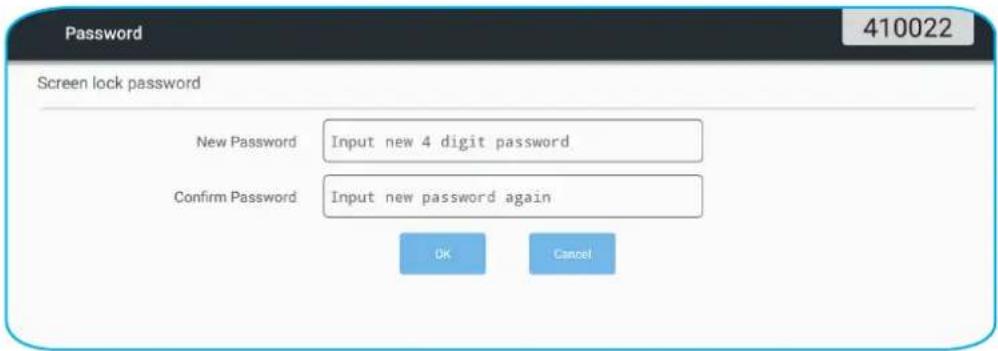 Password 410022 Screen lock password New Password Input new 4 digit password. Confirm Password Input new password again OK Cancel