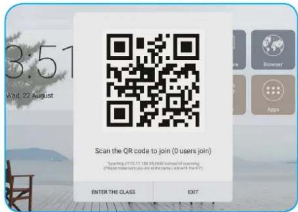 3:51 Wed. 22 August Scan the QR code to join (0 users join) Type: http://72/17.188.06.646C instead of scanning (Please make here you do in the same CAR with the API) ENTER THE CLASS EXIT