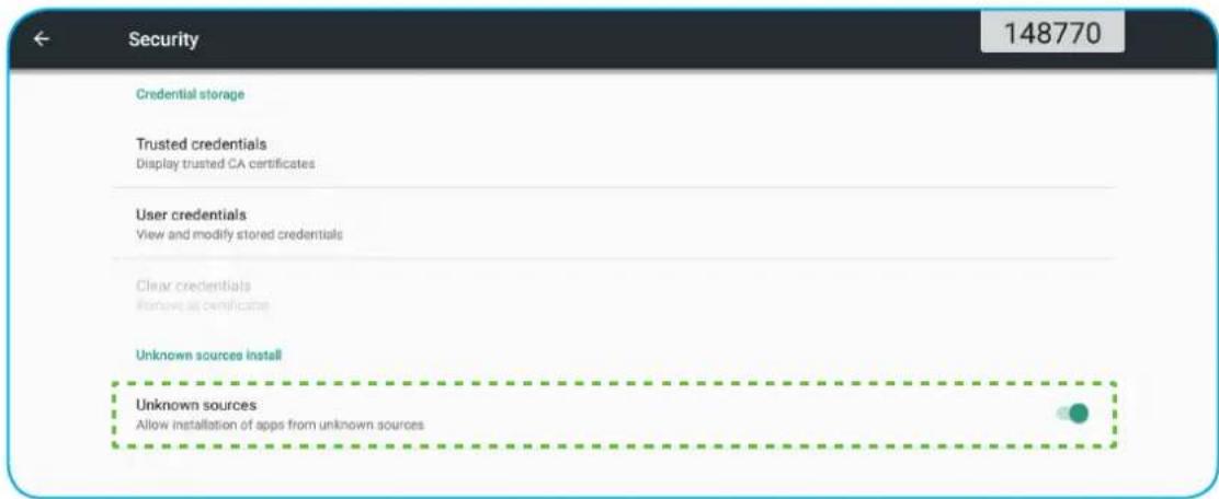 Security 148770 Credential storage Trusted credentials Display trusted CA certificates User credentials View and modify stored credentials Clear credentials Remove all certificates Unknown sources install Unknown sources Allow installation of apps from unknown sources