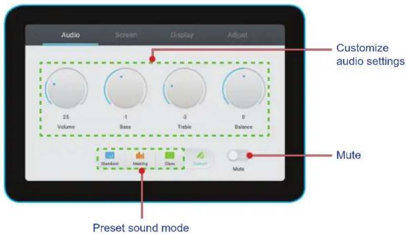 Audio Screen Display Adjust Customize audio settings 25 Volume -1 Bass -3 Treble 0 Balance Mute Standard Marking Class Mute Preset sound mode