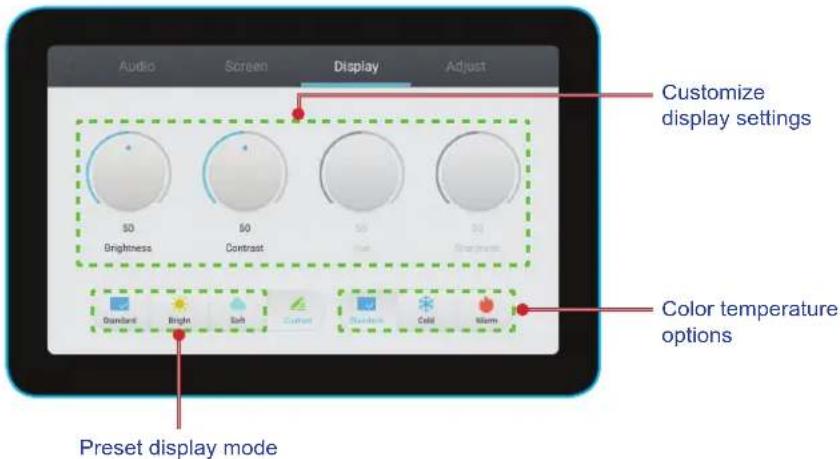 Audio Screen Display Adjust Customize display settings 50 Brightness 50 Contrast 50 Lightness 50 Brightness Color temperature options Standard Bright Soft Current Noise Cold Warm Preset display mode