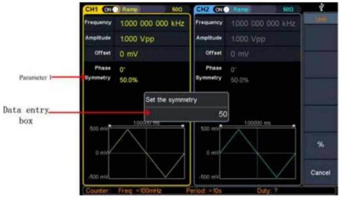 CH1 ON Ramp 50Ω Frequency 1.000 000 000 kHz Amplitude 1.000 Vpp Offset 0 mV Phase 0° Symmetry 50.0% Parameter 1 Set the symmetry 50 Data entry box Counter Freq <100mHz Period: >10s Duty: ? CH2 ON Ramp 50Ω Frequency 1.000 000 000 kHz Amplitude 1.000 Vpp Offset 0 mV Phase 0° Symmetry 50.0% Cancel