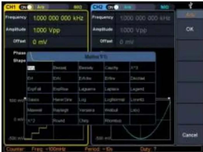 CH1 ON Amp CH2 ON Amp Frequency 1000 000 000 kHz Frequency 1000 000 000 kHz Amplitude 1000 Vpp Amplitude 1000 Vpp Offset 0 mV Offset 0 mV Phase Shape Matrix V1 OFF Breakout Breakout Cauchy A*3 Off Offc Fractc Erbiv Ceutel Ceutel Exptefat ExpRise Lagume Lapele Legend Base HasrStar Lug Lognormal Lenm3 Maxwell Parleigh Versena Wabul Letx A*2 Round Chip Rhombus 500 mV Counter Freq +100mHz Period -10s Duty ?