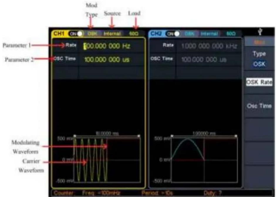 Mod Type Source Load CH1 ON OSK Internal 50Ω Parameter 1 Rate 100.000 000 Hz Parameter 2 OSC Time 100.000 000 us Ch2 ON OSK Internal 50Ω Rate 1000 000 000 kHz OSC Time 100.000 000 us Mod Type OSK OSK Rate Osc Time Modulating Waveform Carrier Waveform 500 mV 8.000 ms 500 mV 100000 ms Counter Freq: <100mHz Period: >10s Duty: ?