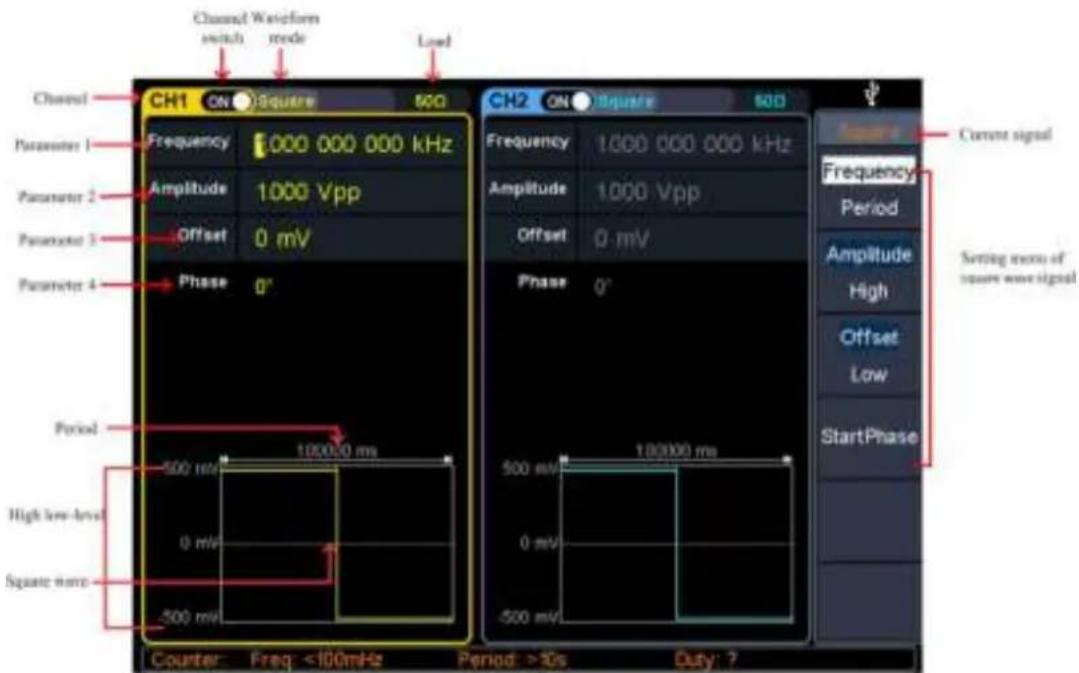 Channel switch mode Level Channel CH1 ON Square 500 Parameter 1 Frequency 1,000 000 000 kHz Parameter 2 Amplitude 1,000 Vpp Parameter 3 Offset 0 mV Parameter 4 Phase g° Period 500 ms 100,000 ms High low-level 0 mV Square move 500 mV Counter: Freq: <100mHz Period: >10s Duty: ? Current signal Frequency 1,000 000 000 kHz Amplitude 1,000 Vpp Offset 0 mV Phase g° Frequency 1,000 000 000 kHz Amplitude 1,000 Vpp Offset 0 mV Phase g° Frequency Period Amplitude High Offset Low StartPhase Setting mean of square waveform Current signal