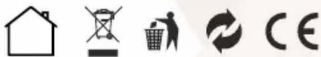 Image displaying five distinct symbols: a house icon, a crossed-out recycling symbol, a trash bin with a person, a recycling symbol, and a CE license.