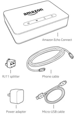 amazon Amazon Echo Connect RJ11 splitter Phone cable Power adapter Micro-USB cable