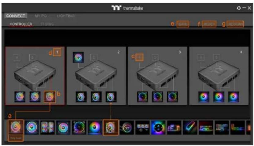 thermaltake CONNECT MY PD LIGHTING CONTROLLER IT SING e SHAK F RED G ALDOAM d 1 2 c 3 4 a Play Sound