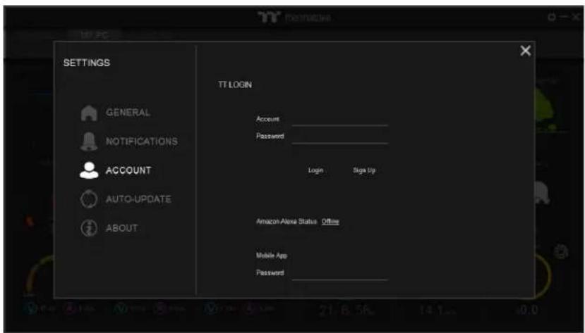 SETTINGS GENERAL NOTIFICATIONS ACCOUNT AUTO-UPDATE ABOUT TT LOGIN Account ____ Password ____ Login Sign Up Amazon Alexa Status Office Mobile App Password ____