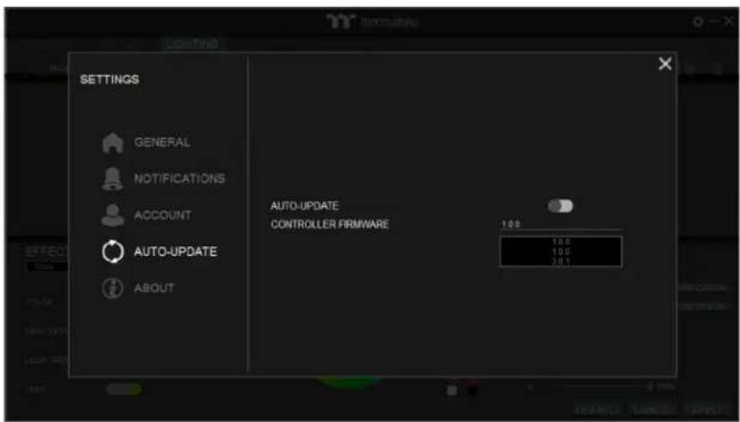 SETTINGS GENERAL NOTIFICATIONS ACCOUNT AUTO-UPDATE ABOUT AUTO-UPDATE CONTROLLER FRIMWARE 10.0 10.0 10.0 30.1
