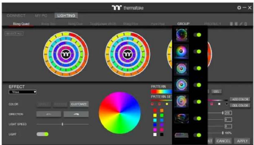 thermaltake CONNECT MY PC LIGHTING Ring Quad Ring Side Ring Drive Rough Color #RGB Ring Pulse Make Pulse GROUP PROGRESS 1 SELECT ALL EFFECT Wise COLOR CMNT CMNT CUSTOMIZE DIRECTION LIGHT SPEED LIGHT PATTERN PATTERN SET DEL ACC COLOR DEL COLOR DEL 0 0 100% LT CANCEL APPLY
