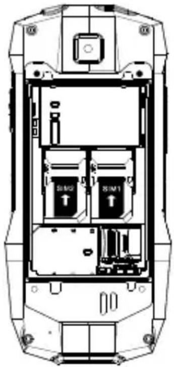 Technical diagram of a mobile phone casing with labeled internal compartments and directional arrows indicating movement or flow.