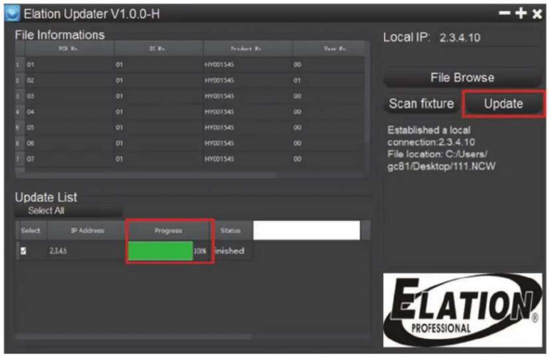 Elation Updater V1.0.0-H File Informations PCB No IC No Product No User No. 1 01 01 HY001545 00 2 02 01 HY001545 01 3 03 01 HY001545 00 4 04 01 HY001545 00 5 05 01 HY001545 00 6 06 01 HY001545 00 7 07 01 HY001545 00 Local IP: 2.3.4.10 File Browse Scan fixture Update Established a local connection:2.3.4.10 File location: C:/Users/ gc81/Desktop/111.NCW Update List Select All Select IP Address Progress Status ✓ 2.3.4.5 10% Finished ELATION® PROFESSIONAL