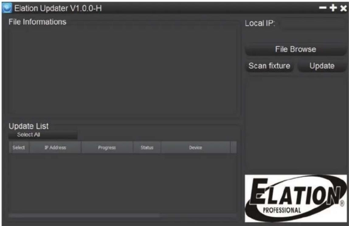 Elation Updater V1.0.0-H File Informations Local IP: File Browse Scan fixture Update Update List Select All Select IP Address Progress Status Device ELATION® PROFESSIONAL