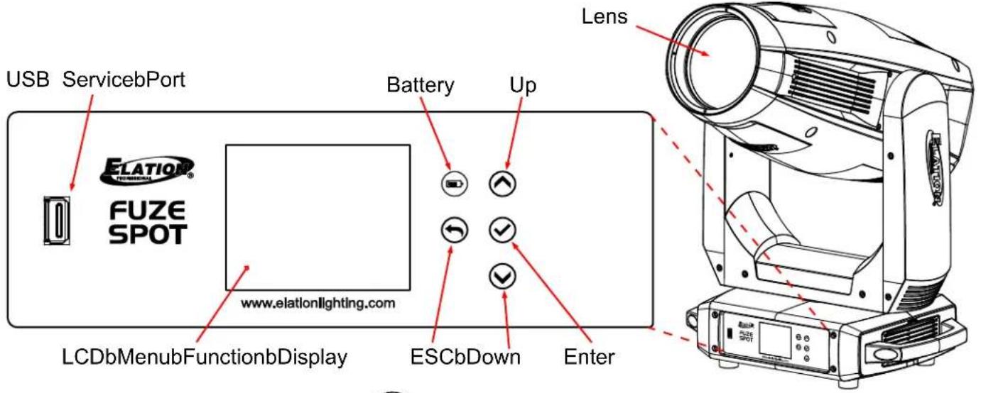 USB ServicebPort Battery Up FUZE SPOT www.elationlighting.com LCDbMenubFunctionbDisplay ESCbDown Enter Lens