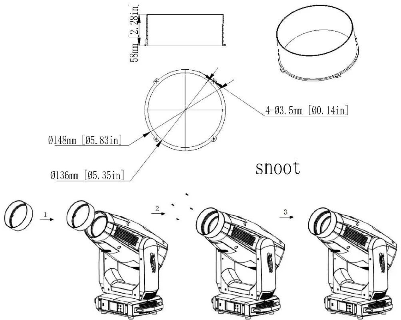 58mm [2.28in] 4-Ø3.5mm [Ø0.14in] Ø148mm [Ø5.83in] Ø136mm [Ø5.35in] snoot 1 2 3