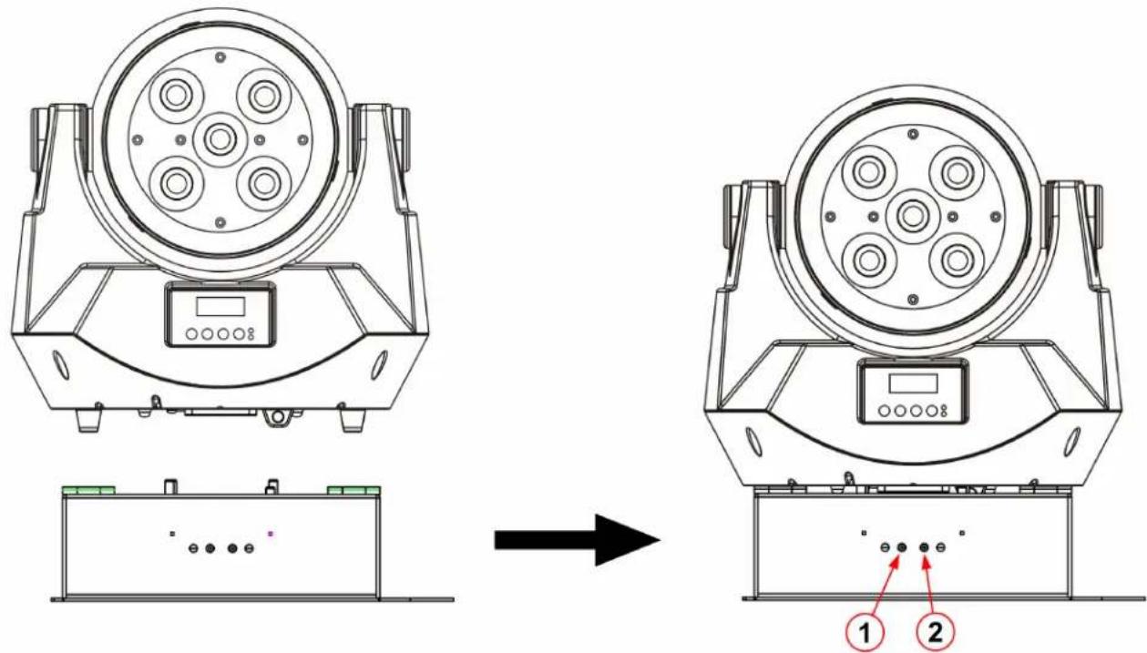 Technical diagram showing the assembly of a multi-light radar or laser unit with labeled components and an arrow indicating transformation.