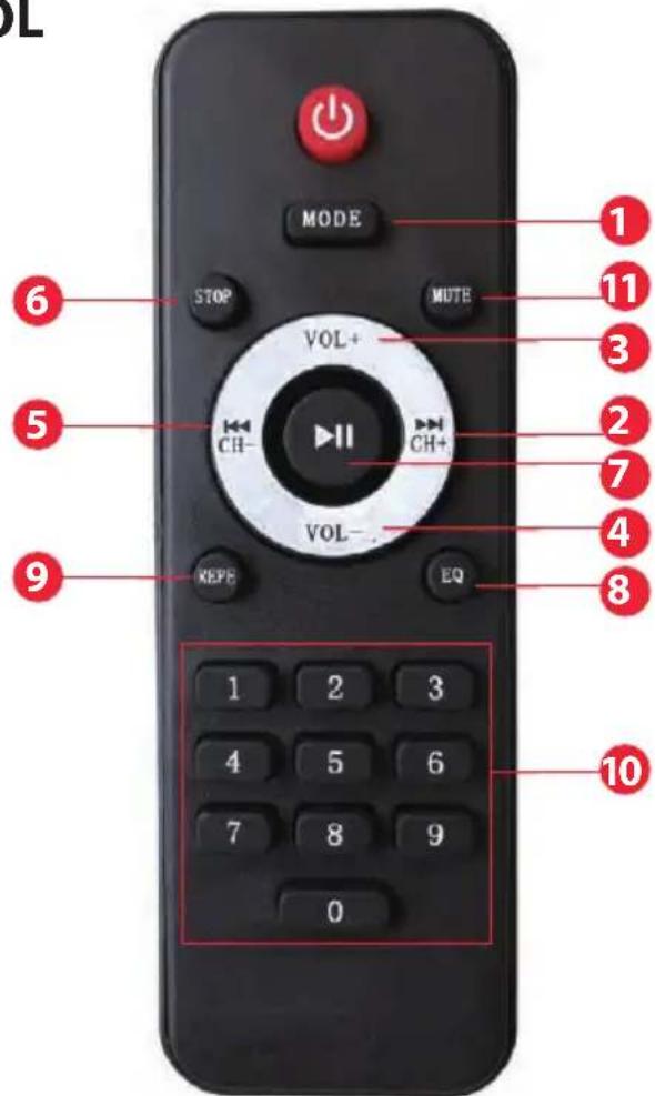 MODE STOP MUTE VOL+ CH- CH+ VOL- EQ 1 2 3 4 5 6 7 8 9 10 11 1 2 3 4 5 6 7 8 9 0