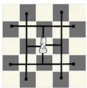 Chessboard pattern with a central white chess piece and black grid lines (no text or symbols)