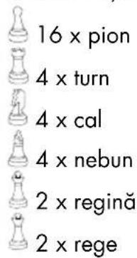 16 x pion 4 x turn 4 x cal 4 x nebun 2 x regină 2 x rege
