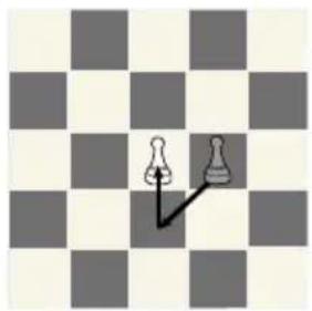 Chessboard with two pieces (one white, one gray) and a black arrow pointing to the white pieces (no text or symbols)