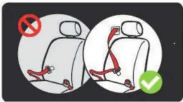 Safety warning illustration showing car seatbelt usage with no sign and checkmark indicators