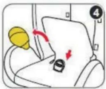 Diagram showing a car seat with a yellow helmet and red directional arrows indicating movement or change, labeled with number 4.