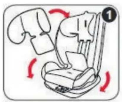 Diagram showing car seat replacement steps with red arrows indicating direction of movement