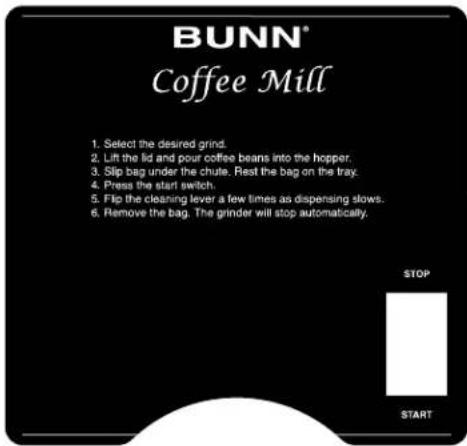 BUNN® Coffee Mill 1. Select the desired grind. 2. Lift the lid and pour coffee beans into the hopper. 3. Slip bag under the chute. Rest the bag on the tray. 4. Press the start switch. 5. Flip the cleaning lever a few times as dispensing slows. 6. Remove the bag. The grinder will stop automatically.…