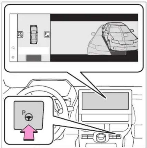 Diagram showing car interior with a parking pad icon and navigation screen, including a close-up of the car's dashboard view.