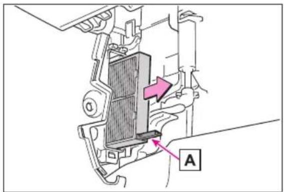 Technical diagram showing a mechanical component with labeled parts A and an arrow indicating direction or force.