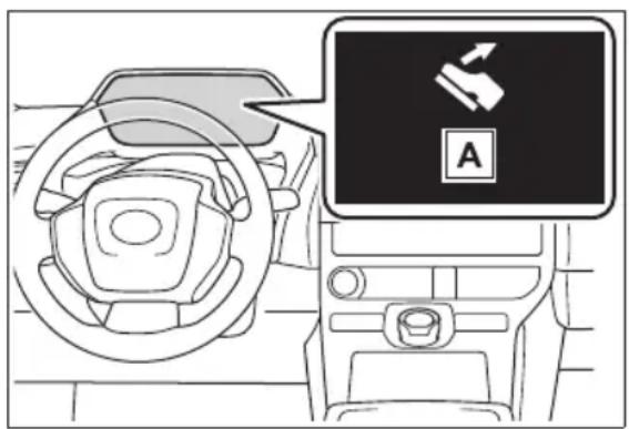 Diagram showing car steering wheel and dashboard with a directional sign labeled 'A' pointing to the steering wheel.