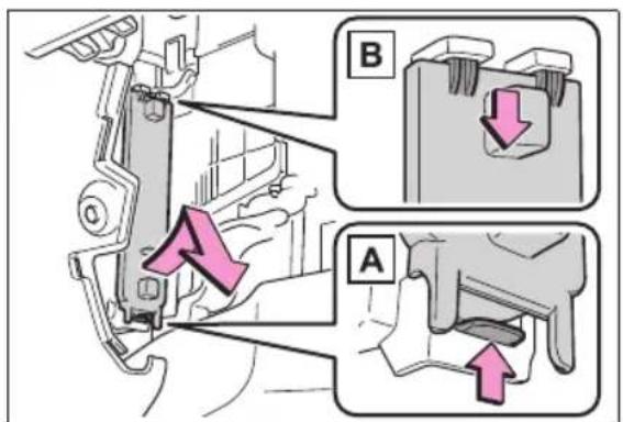 Technical diagram showing mechanical assembly with labeled parts A and B, highlighting a directional arrow indicating movement or force.