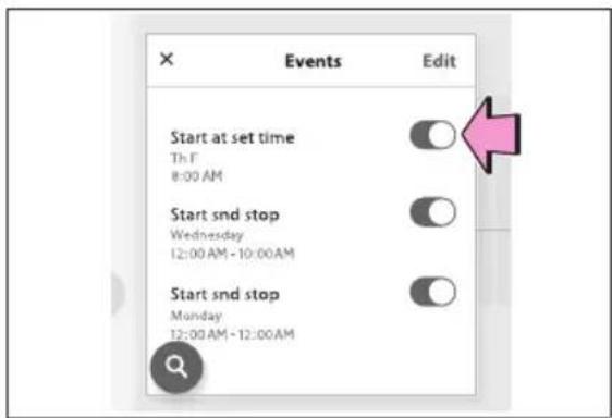 Events Edit Start at set time Th F 8:00 AM Start snd stop Wednesday 12:00AM - 10:00AM Start snd stop Monday 12:00AM - 12:00AM