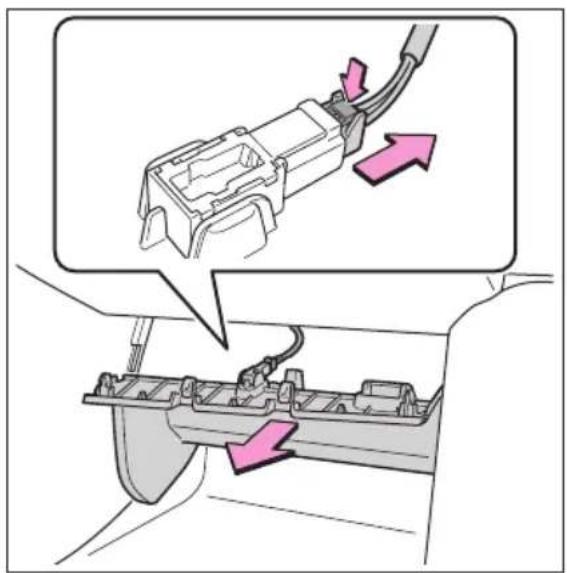 Diagram showing a plug inserted into a battery socket, with pink arrows indicating direction of movement or process.