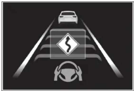 Traffic warning sign indicating a road ahead, featuring a car, driver, and a hazard symbol with a winding road ahead.