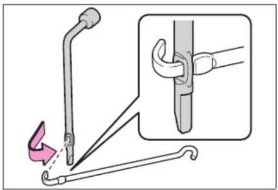 Diagram illustrating a mechanical clamp or hook assembly with labeled parts and directional arrows indicating motion.