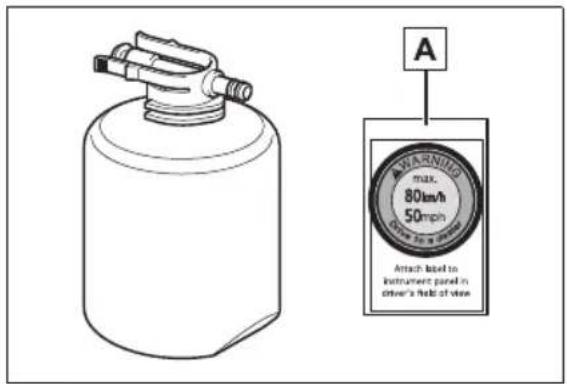 A WARNING max. 80km/h 50mph Attach labeled to instrument panel in driver's field of view