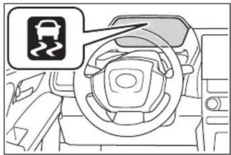 Diagram of a car dashboard with a traffic sign icon and directional arrow pointing to the steering wheel.